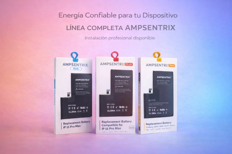 Baterías Ampsentrix línea completa para dispositivos móviles con instalación profesional