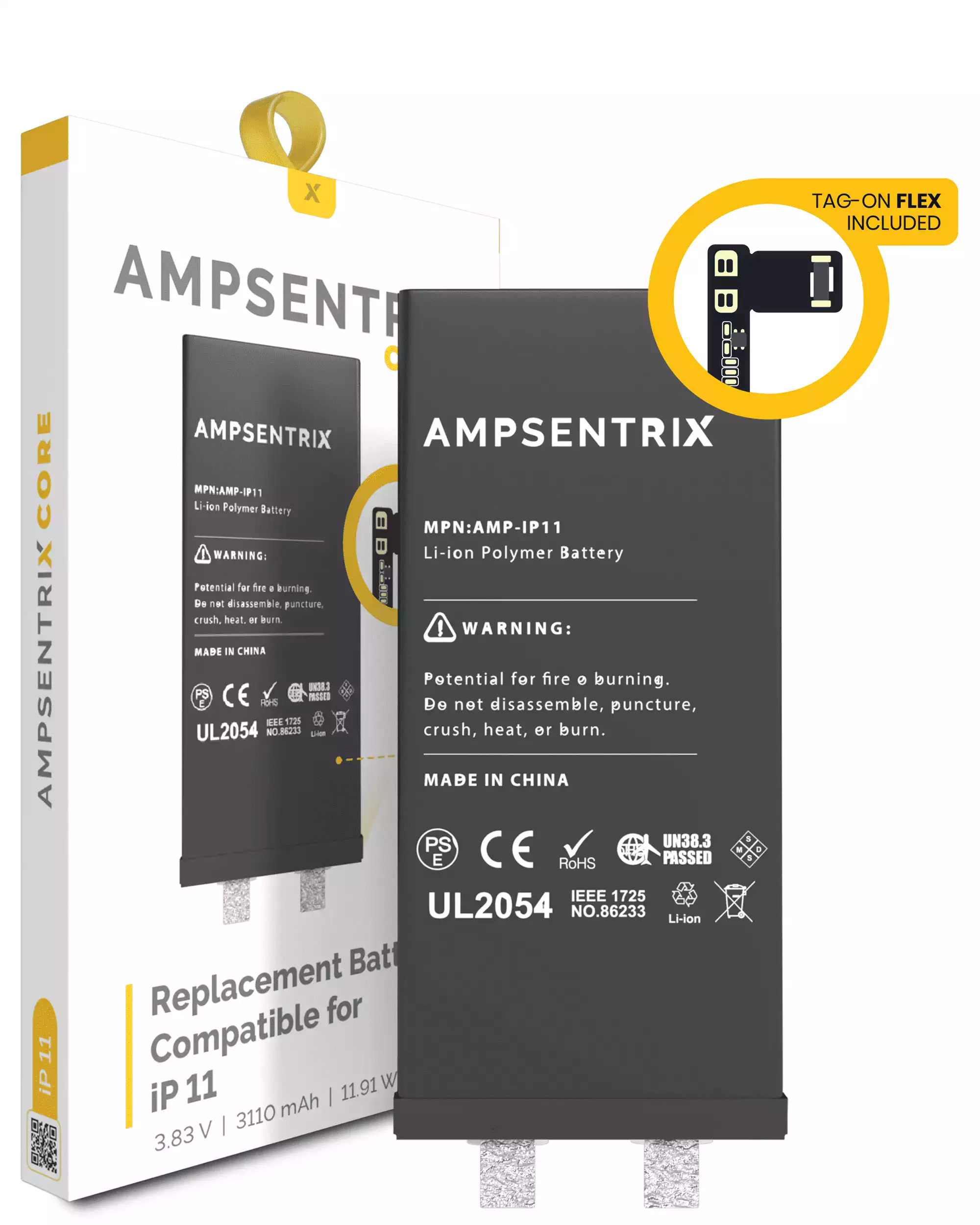 [107082071226] Núcleo de Batería de Repuesto con Flex Universal Tag-On Para iPhone 11 (Requiere Soldadura por Puntos) (AmpSentrix Core)