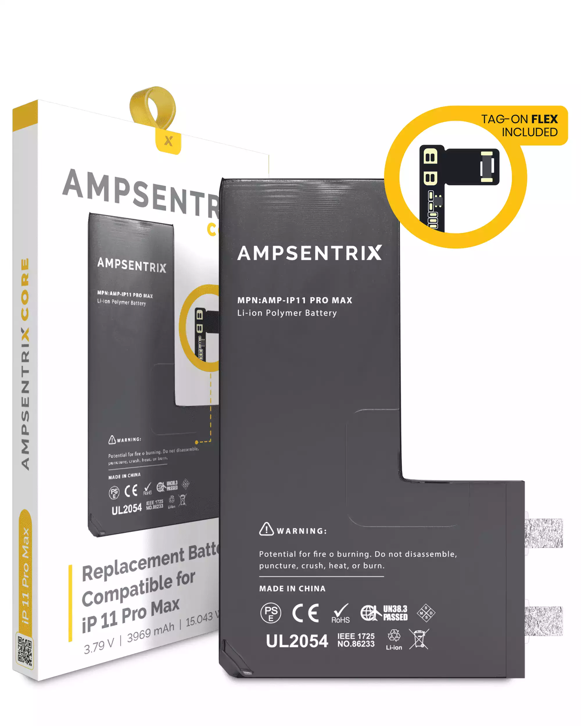 [107082071228] Núcleo de Batería de Repuesto con Flex Universal Tag-On Para iPhone 11 Pro Max (Requiere Soldadura por Puntos) (AmpSentrix Core)