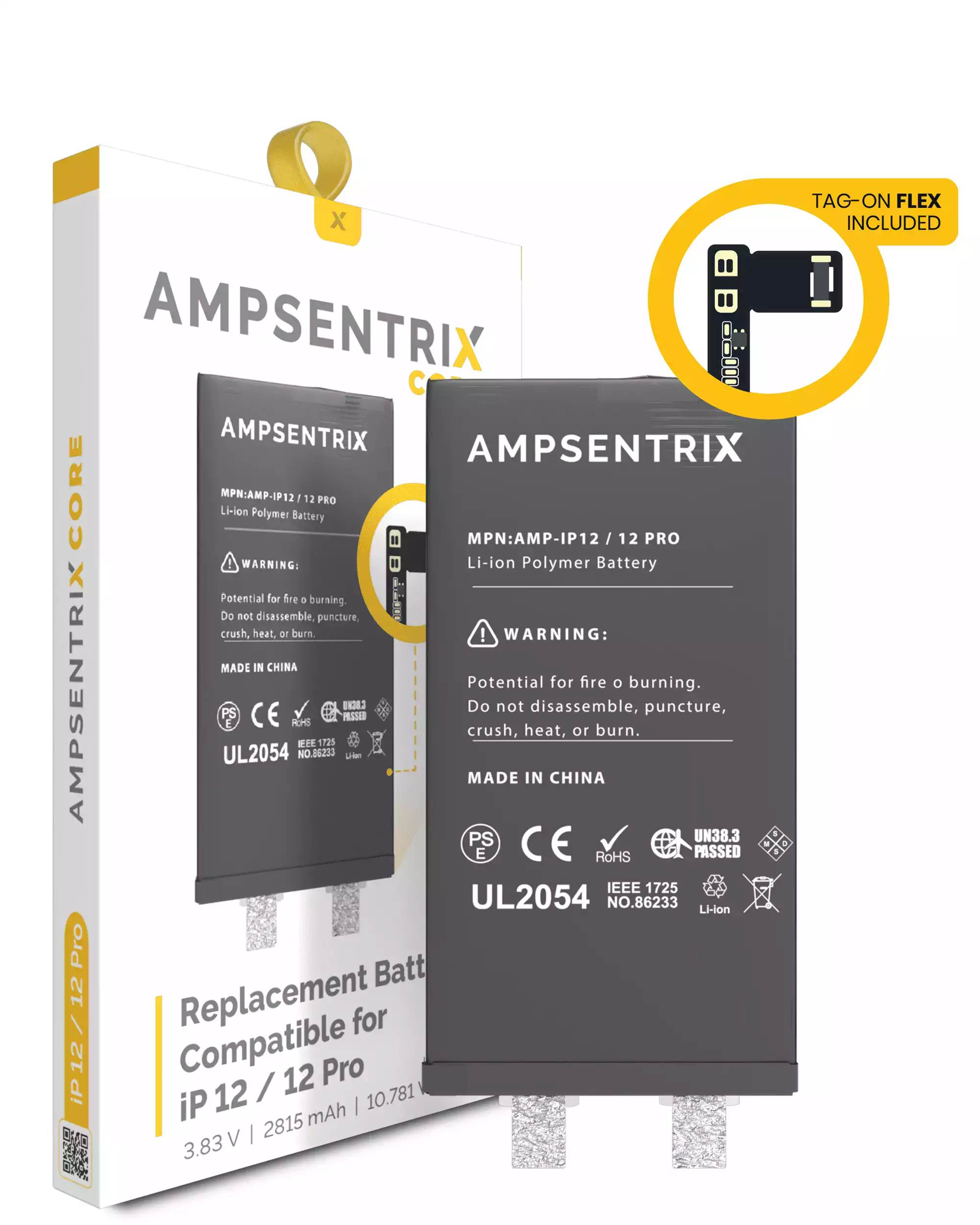 Núcleo de Batería de Repuesto con Flex Universal Tag-On Para iPhone 12 / 12 Pro (Requiere Soldadura por Puntos) (AmpSentrix Core)